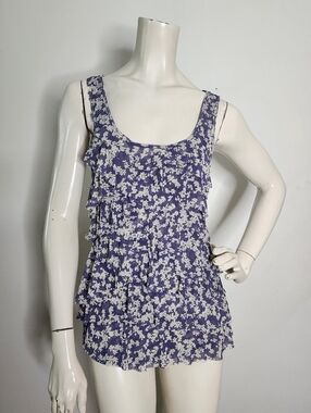 Y2K Express Mesh Tiered Ruffle Tank Top Women's S Blue Ditsy Floral